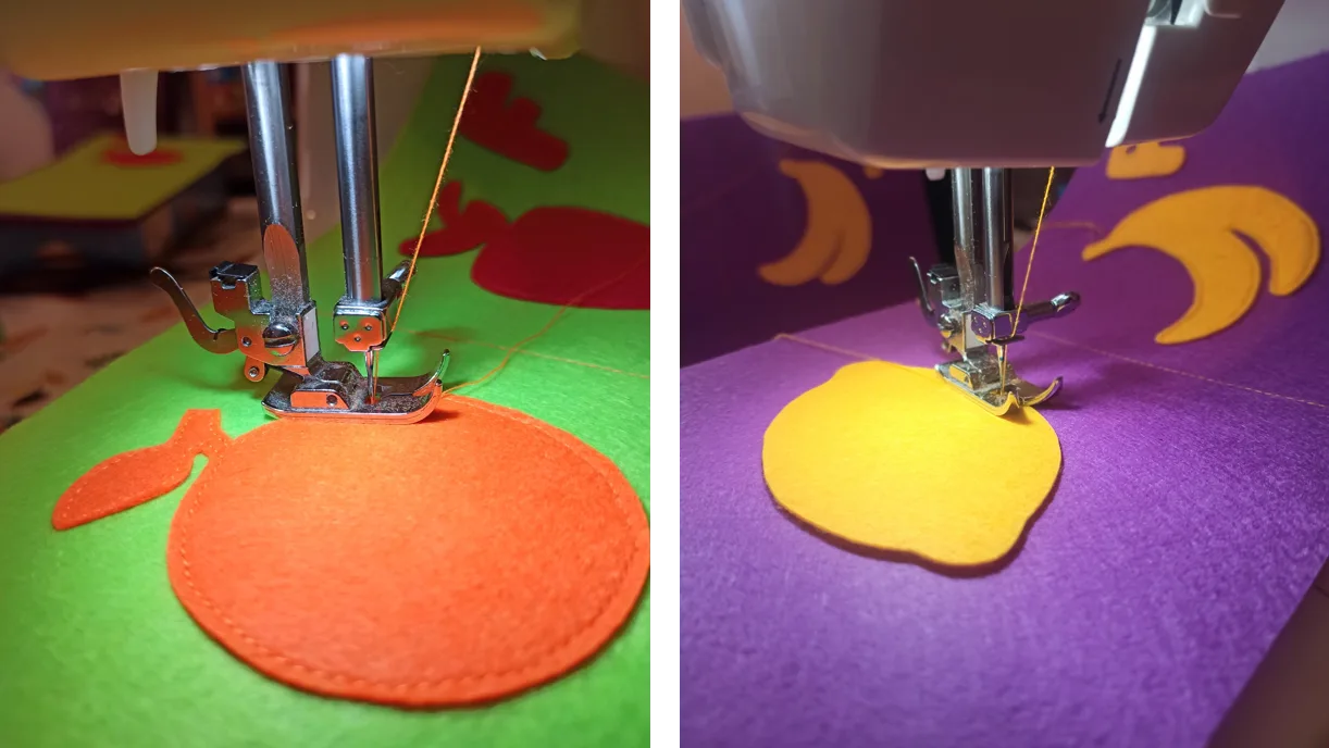 Detalles de costura del proceso de creación de un feltybook